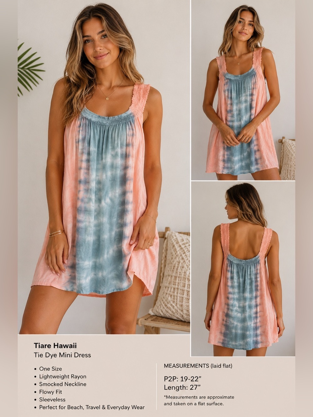 Tiare Hawaii Tie Dye Mini Dress Pink Blue Smocked One Size Boho